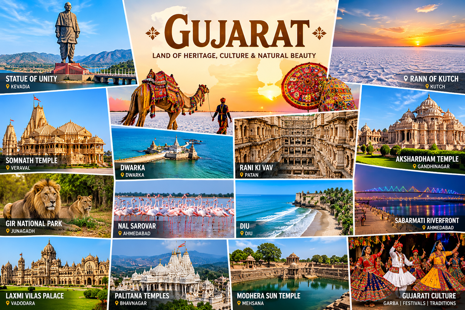 Gujarat collage: Statue of Unity, Rann of Kutch, Somnath Temple, Rani ki Vav, Gir lions, Modhera Sun Temple and Garba dancers